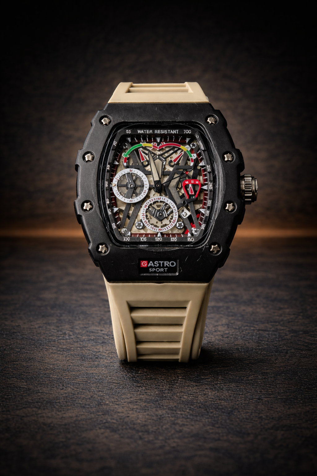 Gastro Sport Skeleton Luxury Watch for Men – Waterproof Tonneau Dial with Rubber Strap