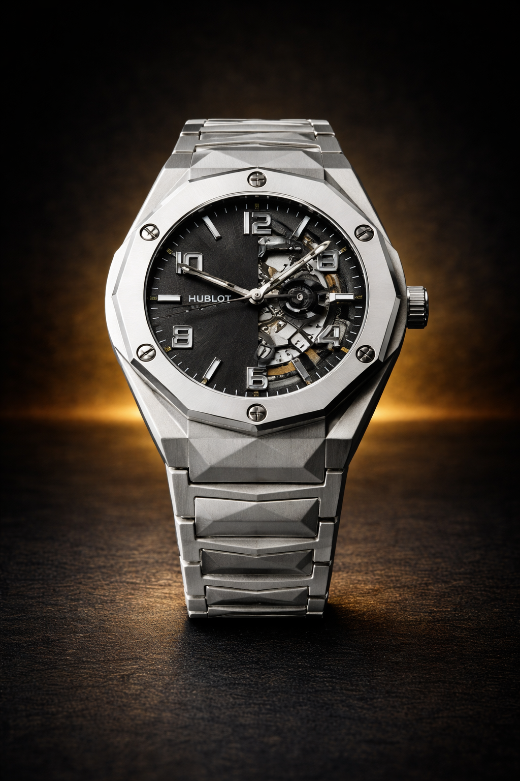 Hublot Diamond Cut Skeleton Stainless Steel Watch (Semi Automatic)+ free bracelet ￼