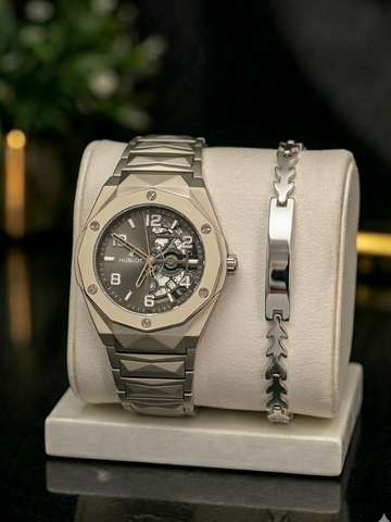 Hublot Diamond Cut Skeleton Stainless Steel Watch (Semi Automatic)+ free bracelet ￼